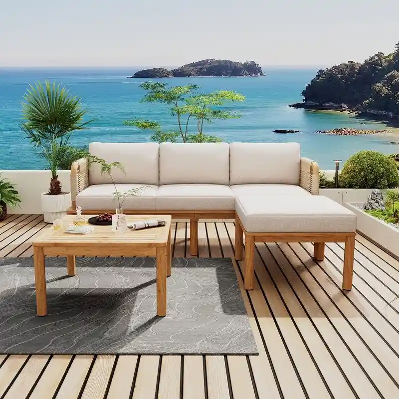 Outdoor 3-piece Acacia Wood and Rope Patio Sofa Set - 75.5 W x 26.75 D x 27.00