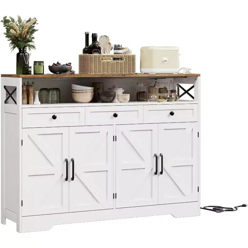 3-Drawer 4-Door Sideboard | White Particleboard | For Kitchen, Dining Room