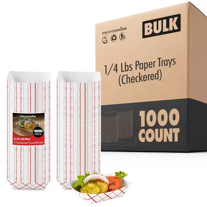 Stock Your Home Mini Paper Food Boats 1000 Pack 0.25 lb Disposable Red White Checkered Trays Eco Friendly Serving Boats 3 x 1 in