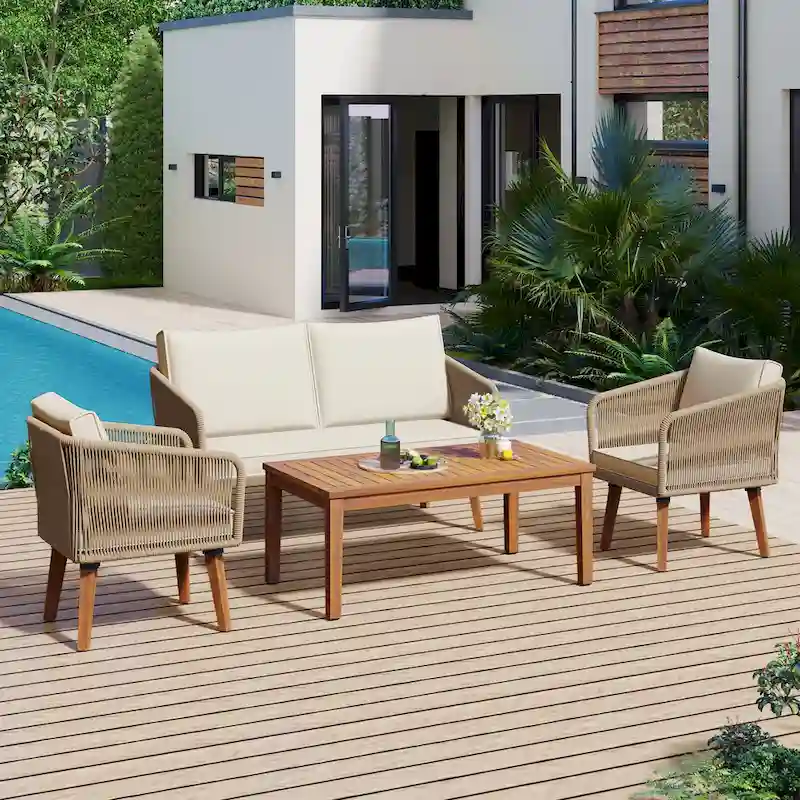 TREXM 4-Piece Patio Conversation Set, Solid Wood Loveseat, 2 Chairs and Table