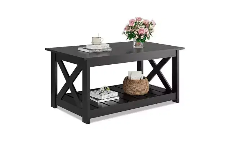 Farmhouse Coffee Table with X-Frame and Storage Shelf, 40.1