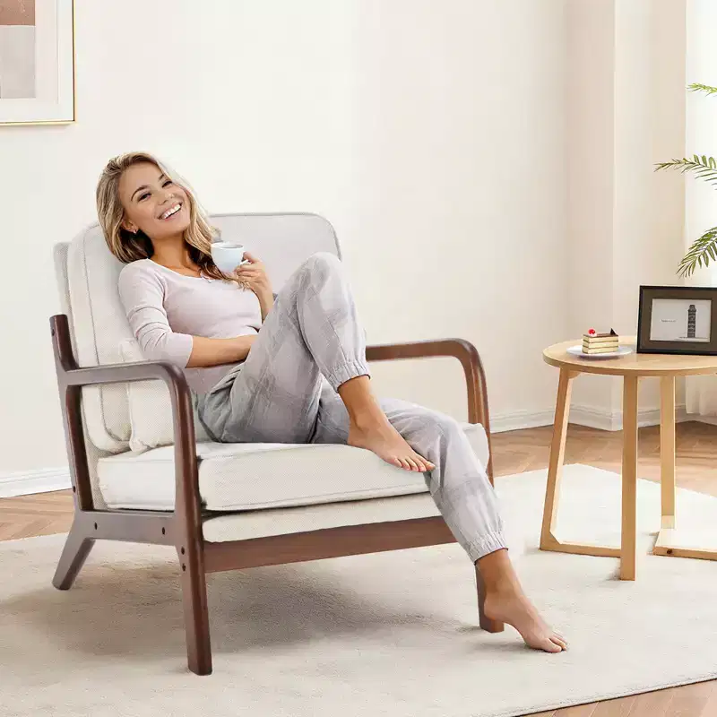 Zeus & Ruta Mid-Century Modern Accent Chair with Arms & Waist Cushion, Solid Wood Frame