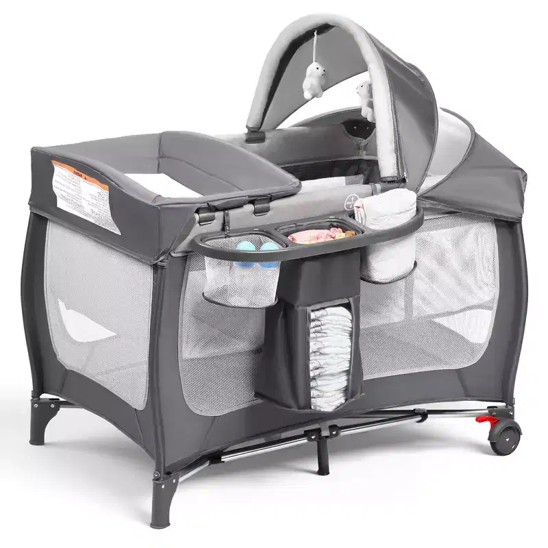 Kinder King 4-in-1 Portable Pack 'n Play with Bassinet, Changing Table, Adjustable Canopy, Storage Basket & Travel Bag  Infant to Toddler Playard