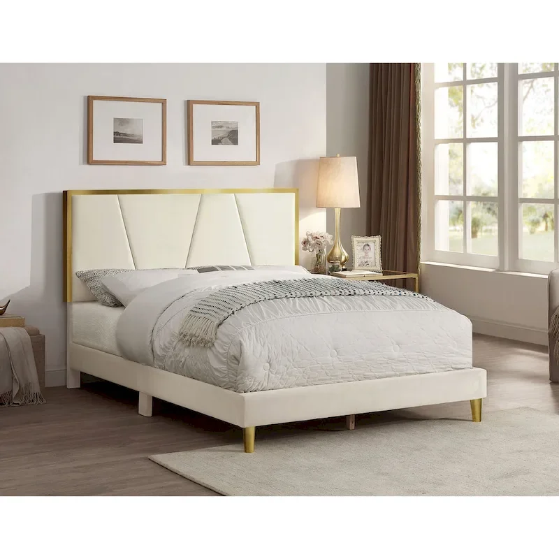 Glam Beige Fully Upholstered Platform Bed with Gold-tone Accents by
