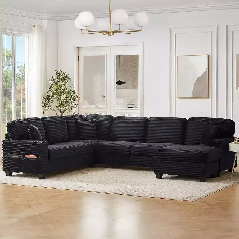 Whisen Corduroy Sectional Sofa with a Movable Ottoman and Side Storage Pockets