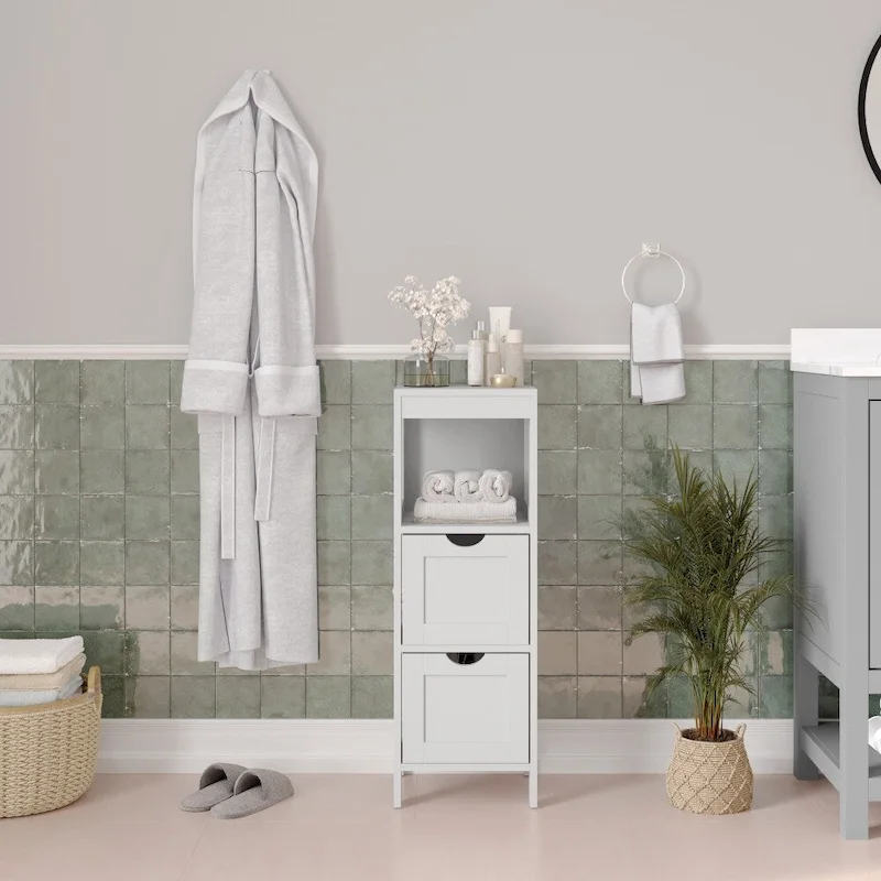 Floor Cabinet Storage Organizer with 2 Drawers and Open Shelf