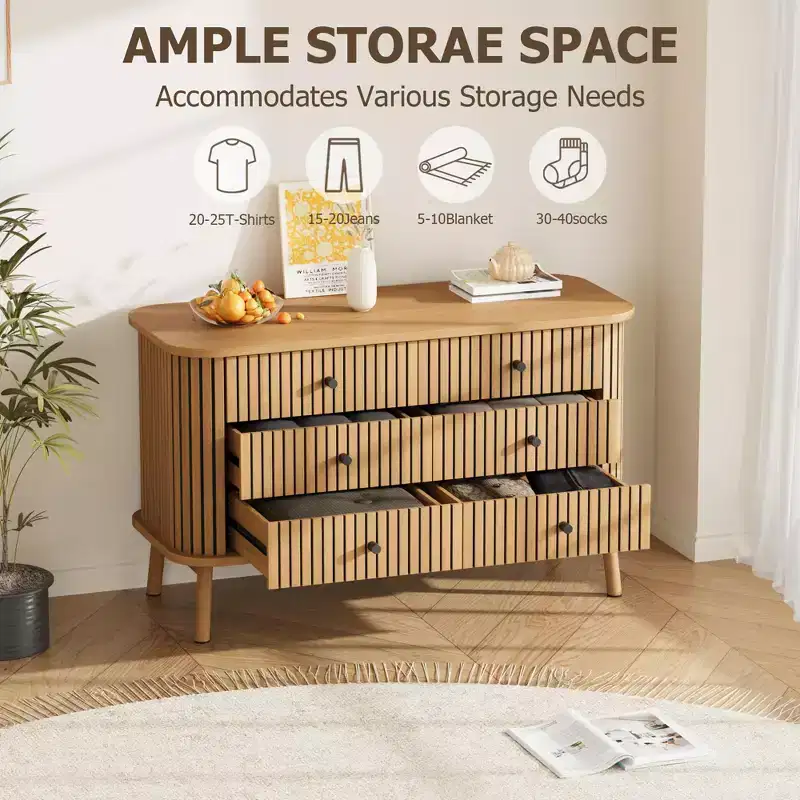 Dresser for Bedroom, 6-Drawer Boho Wooden Dresser with Black Handles, Double Drawer Chest for Living Room Hallway Entryway