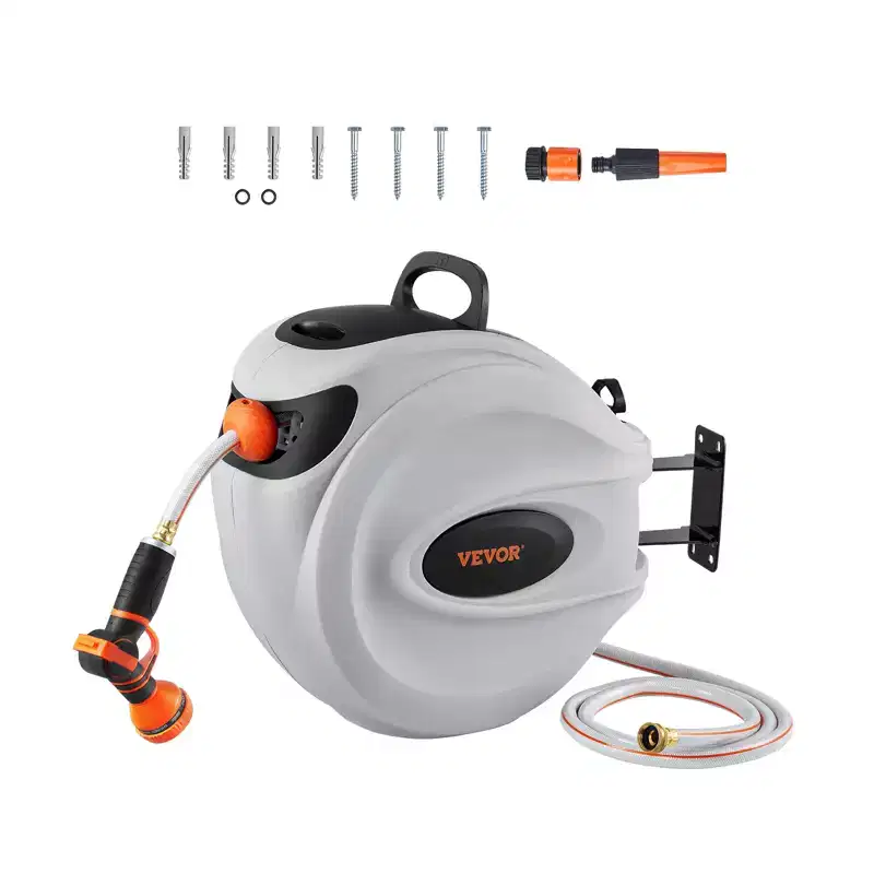 VEVOR Retractable Hose Reel, 84 ft x 5/8 inch, 180 Swivel Bracket Wall-Mounted, Garden Water Hose Reel with 9-Pattern Nozzle, Automatic Rewind