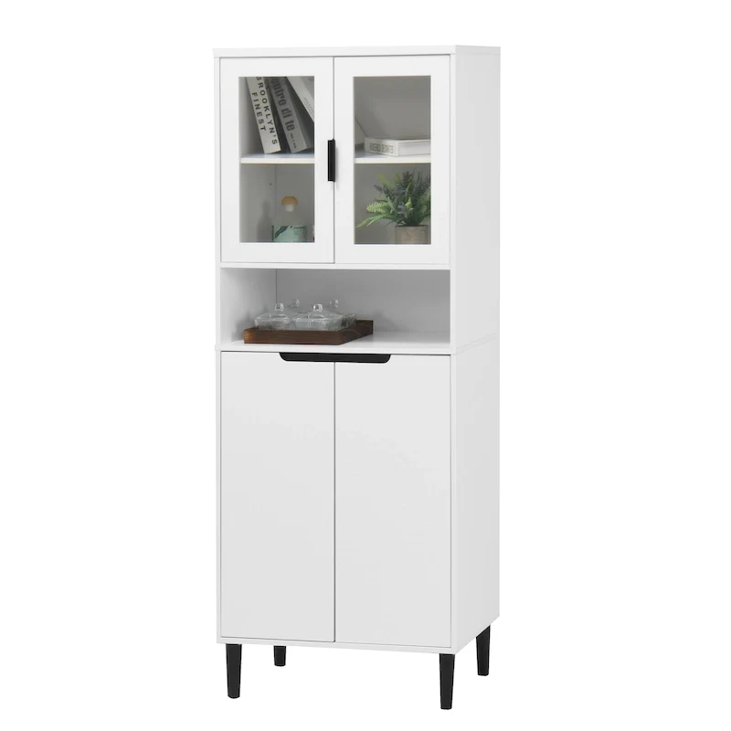 Tall Storage Show Cabinet with 2 Glass Display Door & 2 Doors, Tall Kitchen Pantry Cabinet with Gold Handles