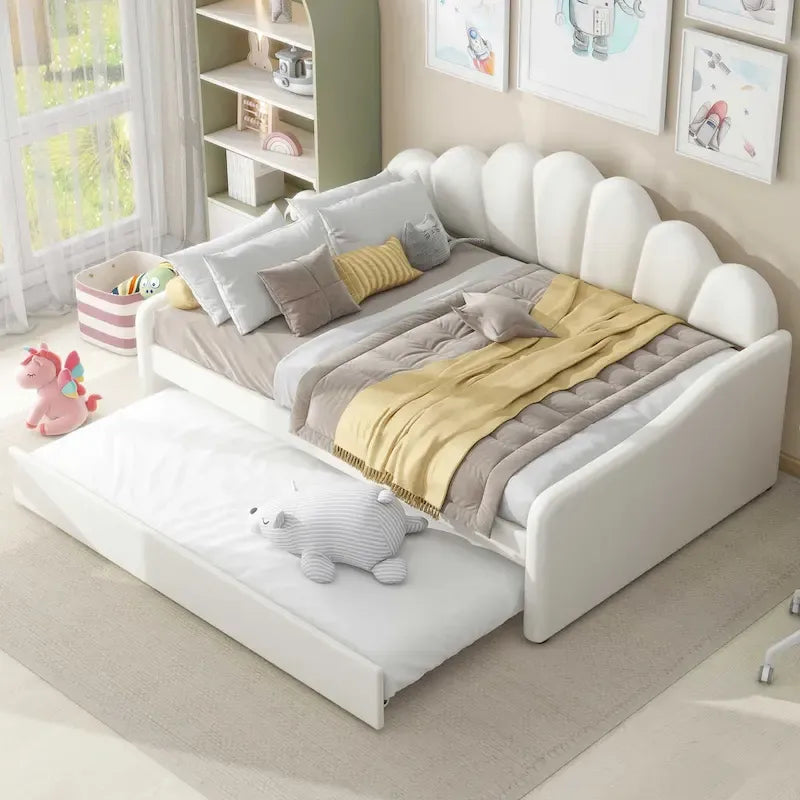 White Full Size Upholstery Daybed with Shall Shaped Backrest and Trundle for Bedroom