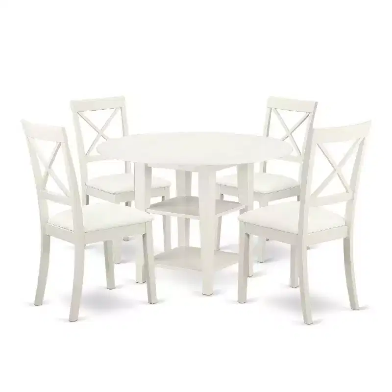 Antique Dinette Set 5 Piece Table & Chairs Linen White Faux Leather Seats Home Kitchen Furniture