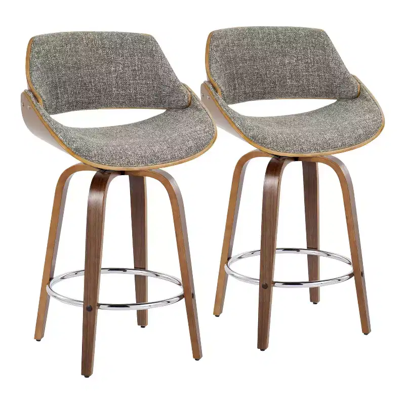 Set of 2 Fabrizzi Counter Height Barstools Walnut/Chrome/Gray: Swivel, Upholstered, Wood Frame - LumiSource