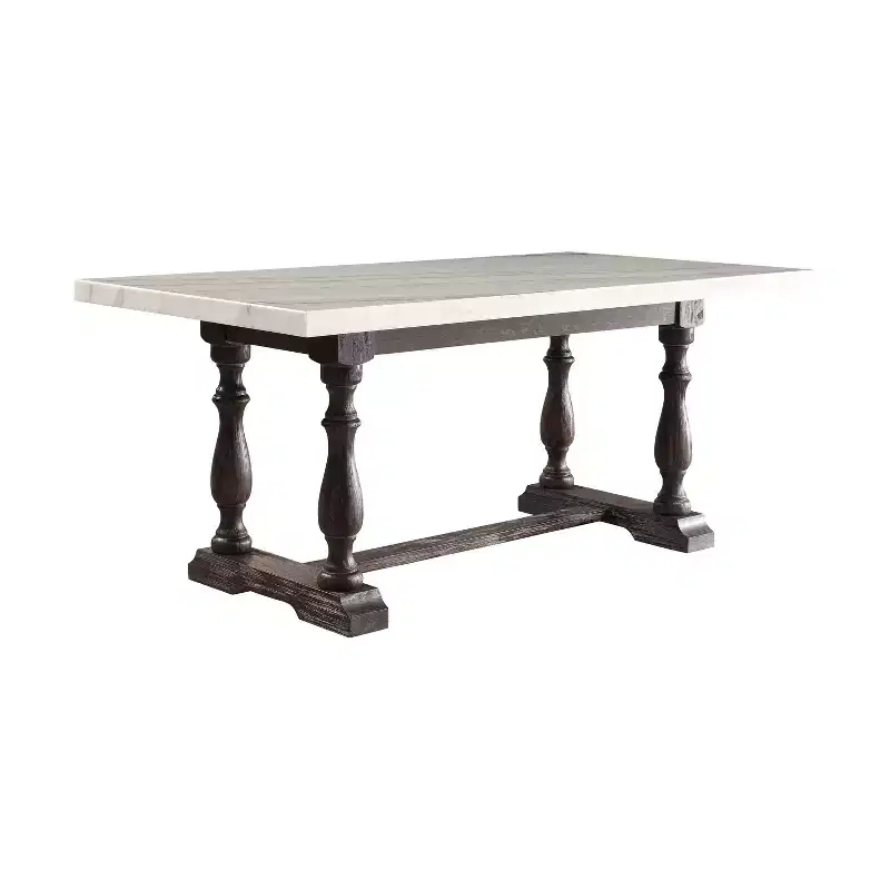 Dining Table �C White Marble Top & Espresso Brown Trestle Base, Seats 6