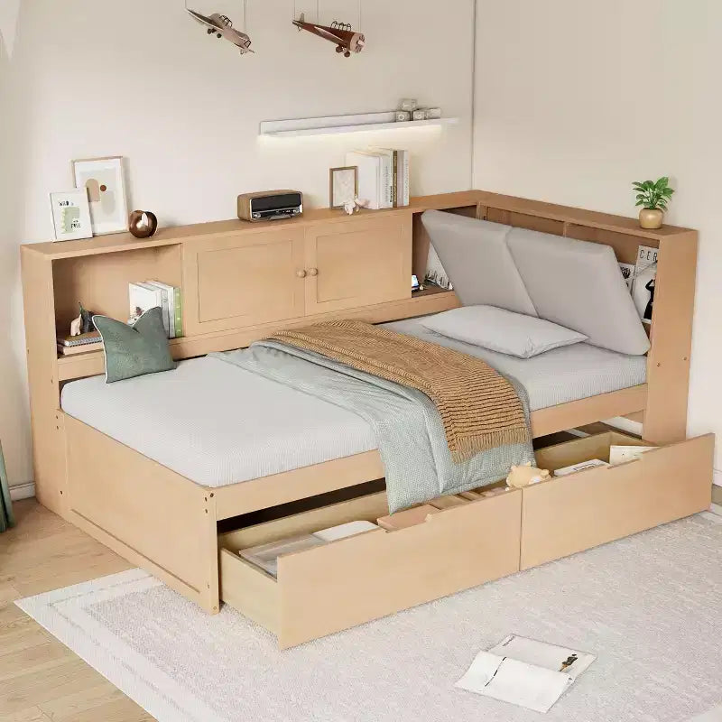 Wooden L-Shaped Daybed with Storage Headboard, USB Ports & Under-Bed Drawers