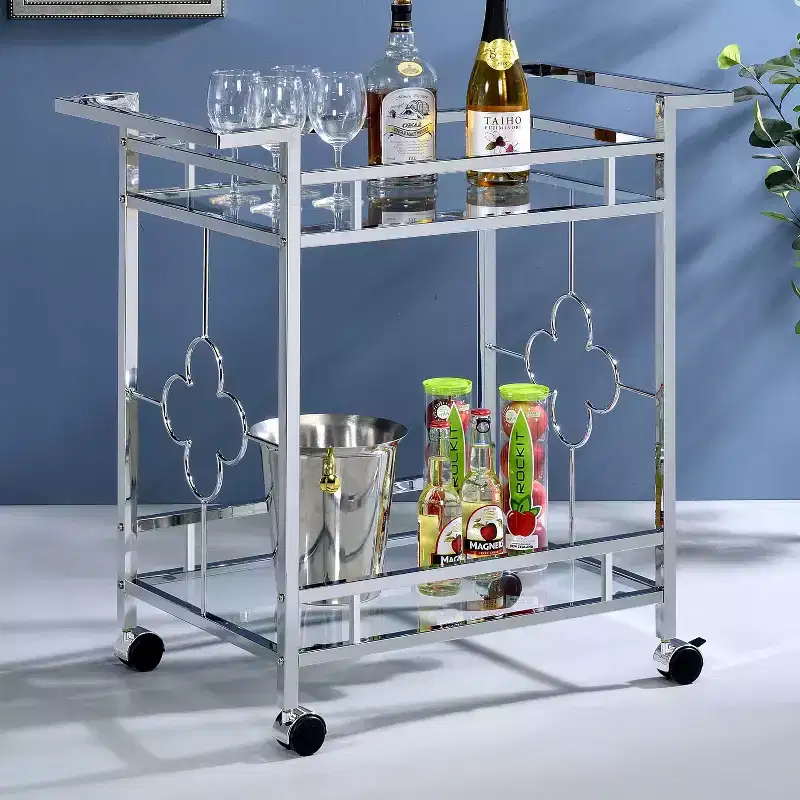 24/7 Shop At Home Buncrana Glass Top Serving Cart Chrome: Contemporary Quatrefoil, Tempered Shelves