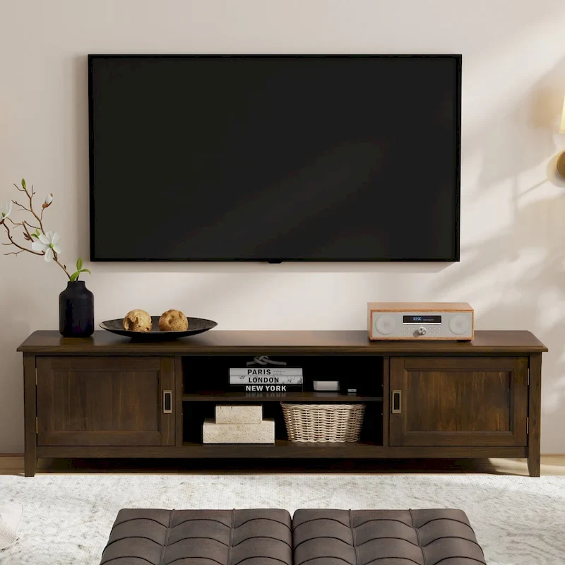Mahogany Brown Solid Wood 72-Inch TV Stand for Up to 80-Inch TV, 1-Person Assembly