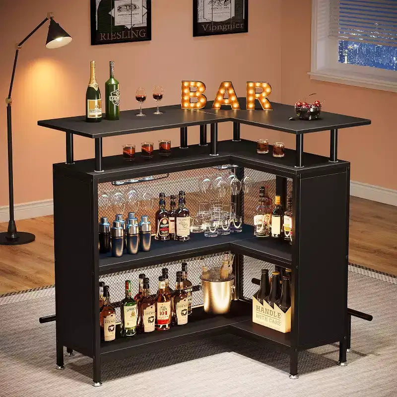 2-Tier L-Shaped Home Bar Unit �C Stemware Racks, Open Shelves, Metal Mesh