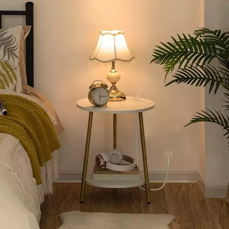 ACOINEL 2-Tier Round End Table with Charging Station, Modern White & Gold Side Table, Small Nightstand with 2 AC Outlets/2 USB Ports