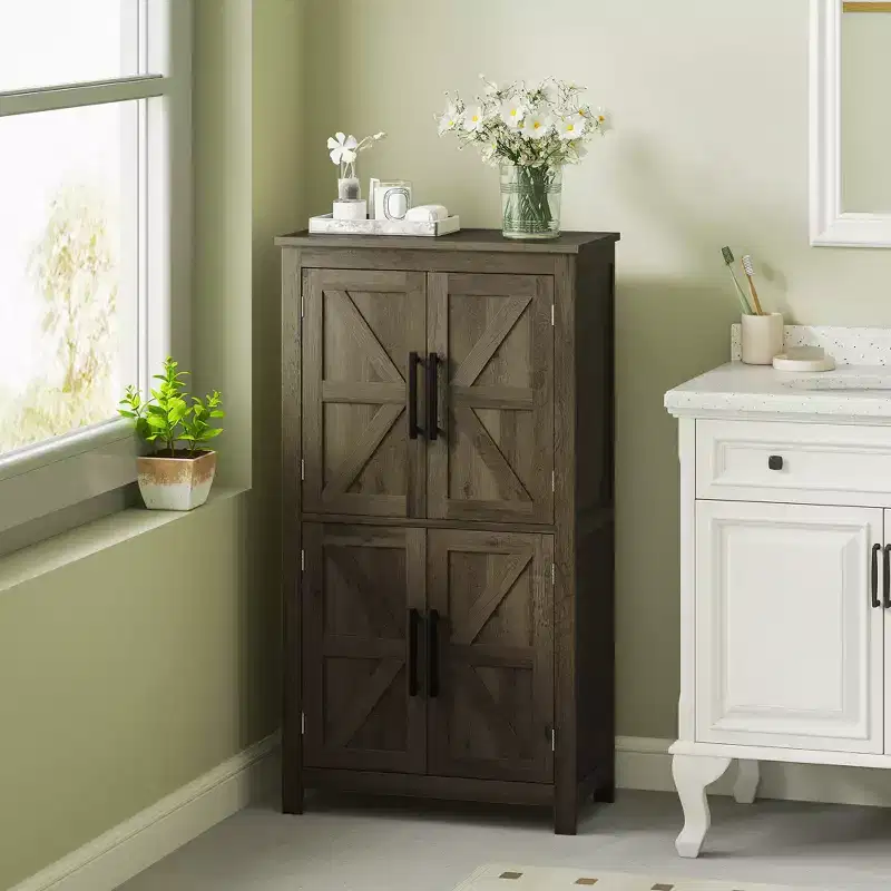 HOMCOM Bathroom Floor Cabinet, Farmhouse Bathroom Cabinet with Barn Doors, Bathroom Storage Cabinet with Adjustable Shelf