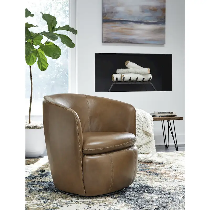 Top Grain Leather Barrel Swivel Accent Chair Blue Brown Living Room