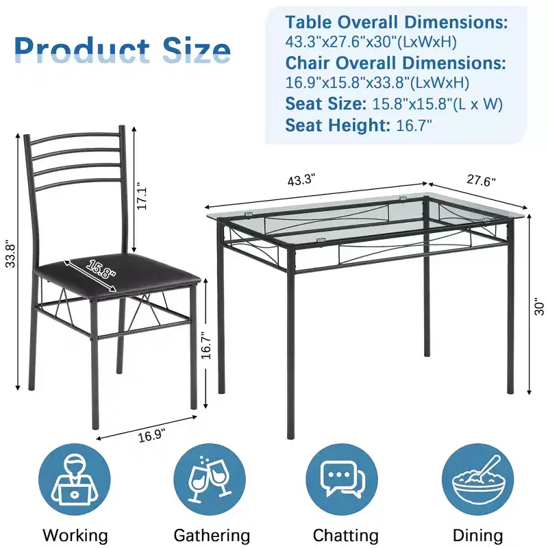 VECELO 5 Piece Dining Table Set with Glass Top Table & 4 Upholstered Chairs, Kitchen Rectangular Table Set Brown/Black