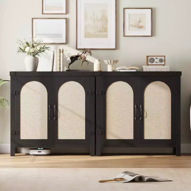 Buffet Cabinet, Sideboard with Storage  2 Pack 31.5 Black Faux Rattan Cabinet, Farmhouse Coffee Bar with Adjustable Shelves