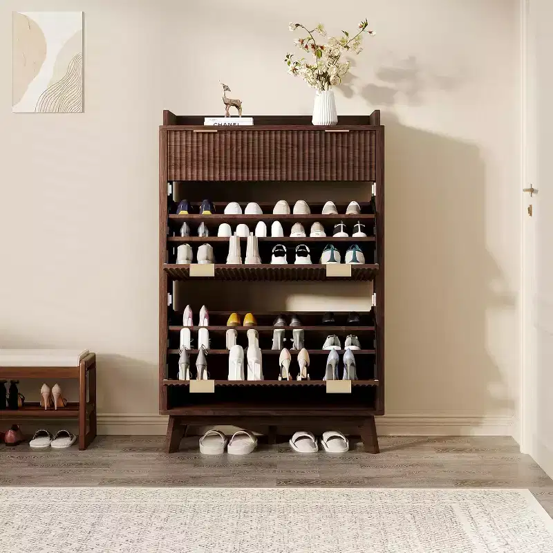 Modern Fluted Shoe Cabinet, 48 Tall Narrow Wooden Shoe Rack Organizer with Storage Drawer, 2 Flip Drawers & Adjustable Shelves for Living Room