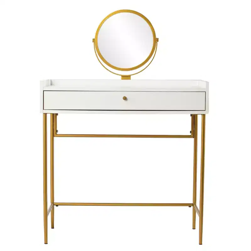 Vanity Table with 360�� Swivel Mirror & Drawer - Gold & White