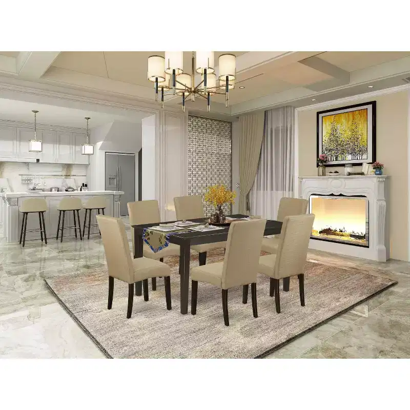 HomeStock Belmont 7 Piece Dining Set Consist of a Rectangle Dining Room Table , 6 Brown Linen Fabric Upholstered Parson Chairs, 36x60 Inch, Cappuccino