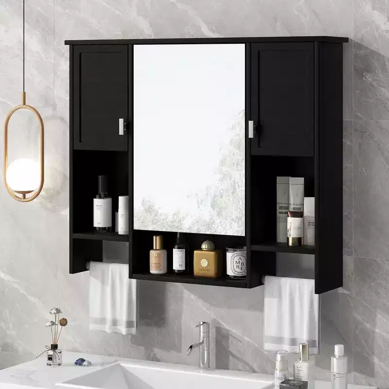 FAMYYT 35 in. W x 28 in. H Rectangular MDF Board Surface Mount Bathroom Medicine Cabinet with Mirror, Towels Bar