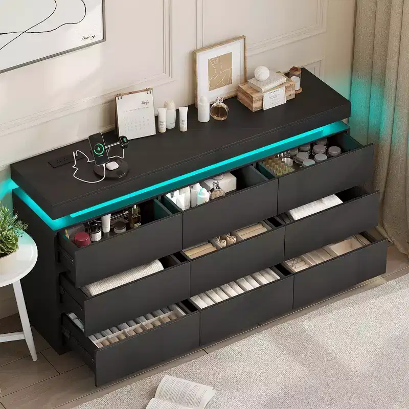 Dyonery Modern 9-Drawer Dressing Table with Sliding Top, Featuring Drawers, Organizer for Bedroom, Closet, and Living Room