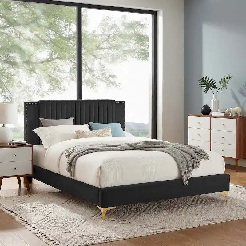 Charcoal / Blue / White / Pink Channel Tufted Velvet Queen Platform Bed with Gold Legs for 2 Person