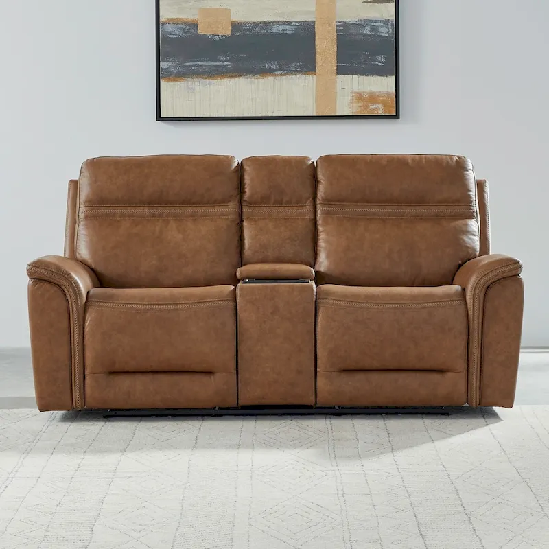 Camel Top Grain Leather 2-Seat Power Reclining Loveseat with Console