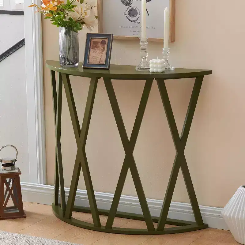 Vienna Half Moon Wood Console Table for Entryway, Accent Sofa Table X-Motifs Design for Living Room, Hallway, Foyer, Entrance