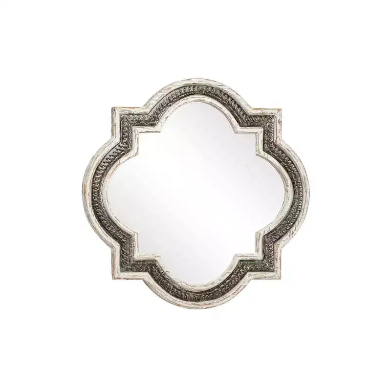 White wooden four-leaf clover wall mirror with Baroque wrought iron inlay; no assembly required.