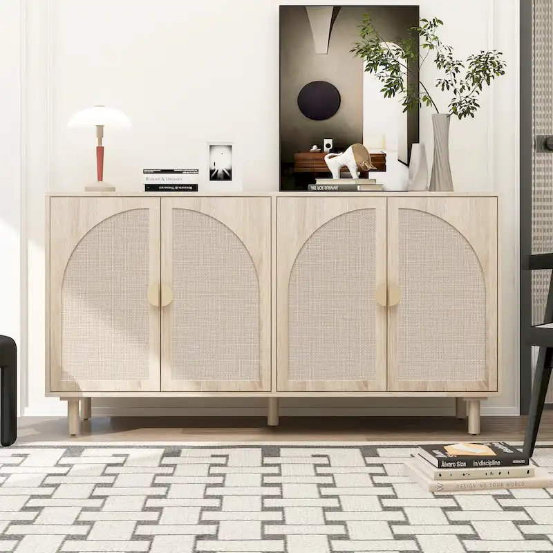 Boho Rattan Door Storage Cabinet Natural Pine Legs Adjustable Shelves Natural Black