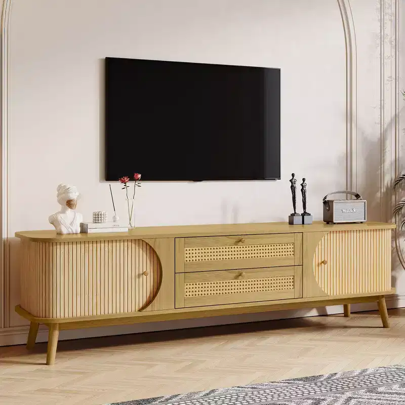 JVNOXKRattan TV Stand for TVs up to 75'', Modern Farmhouse Media Console, Entertainment Center with Solid Wood Legs, TV Cabinet for Living Room