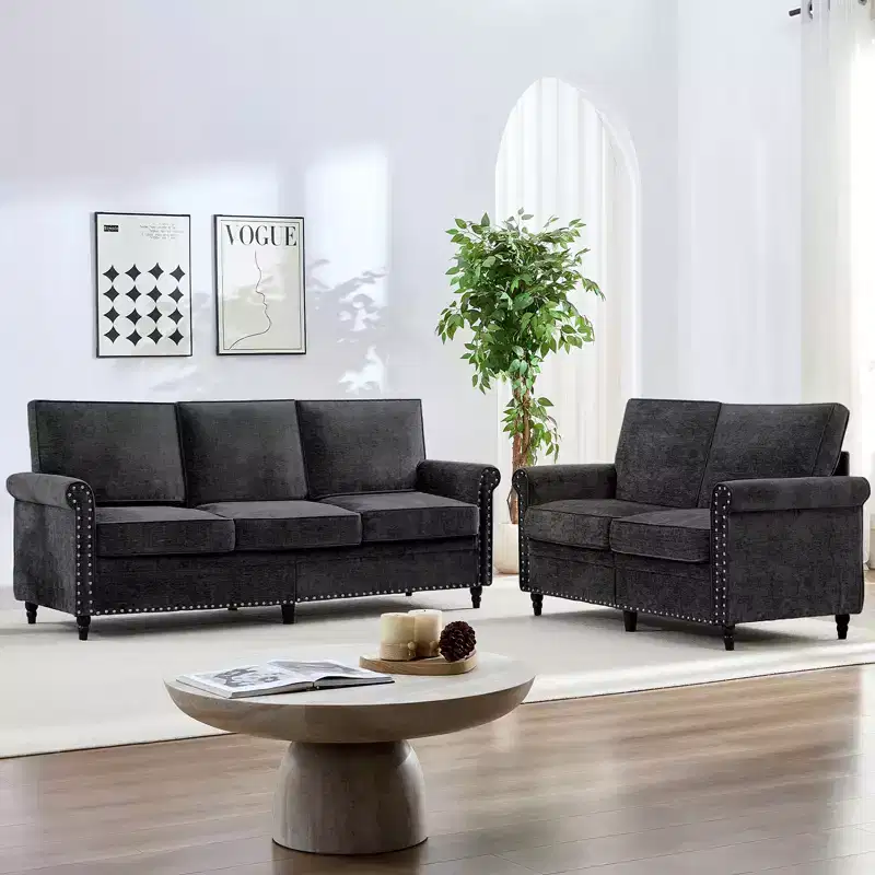 Mjkone 2 Piece Living Room Sofa Set with Riveted Design,Chenille W76''3-Seater Sofa Couch with W53''Loveseat Sofa