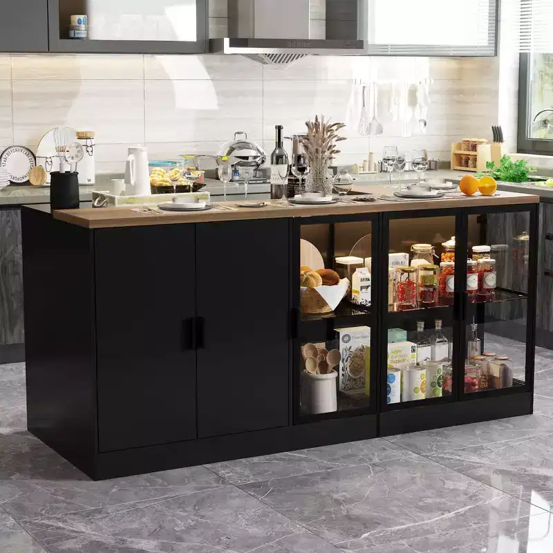 Famapy Dual-Function Kitchen Island & Dining Table: Tri-Color LED Display + Mixed Storage  Expandable Social Hub for Modern Kitchens