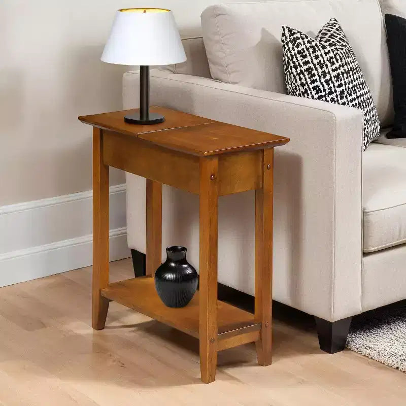 Belmont Narrow Wedge End Table with Open Shelf, Beveled Edges & Tapered Legs, for Small Spaces