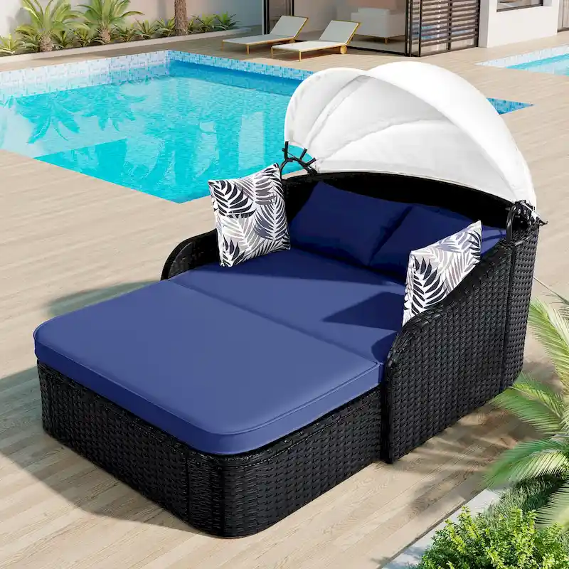 79.9 PE Rattan Daybed Sunbed with Adjustable Canopy