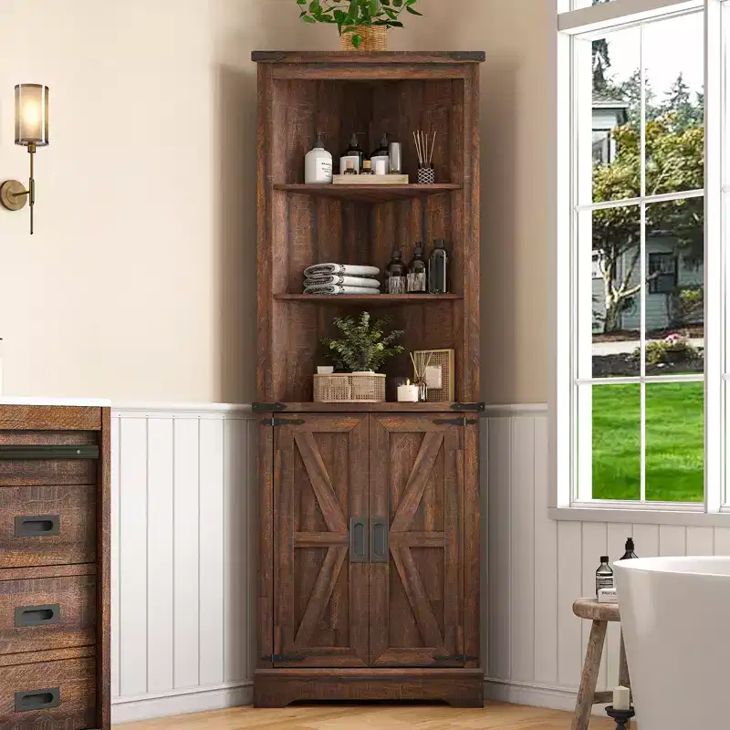 Farmhouse 68 Tall Corner Cabinet, Tall Storage Cabinet with Barn Door