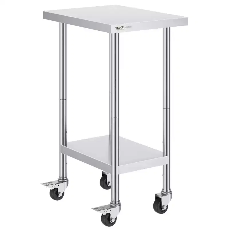 VIYET 38 Stainless Steel Work Table - 4 Wheels, 3 Adjustable Heights, Silver