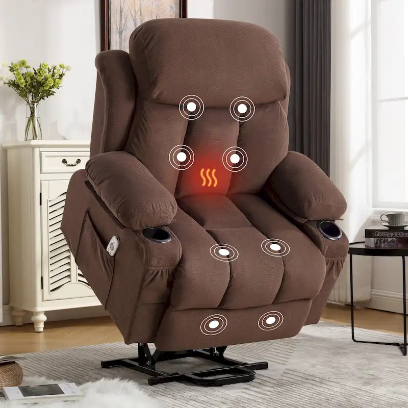 Grey Electric Power Lift Recliner featuring Heating, Massage, USB Port, Side Pockets, and Remote Control Functionality