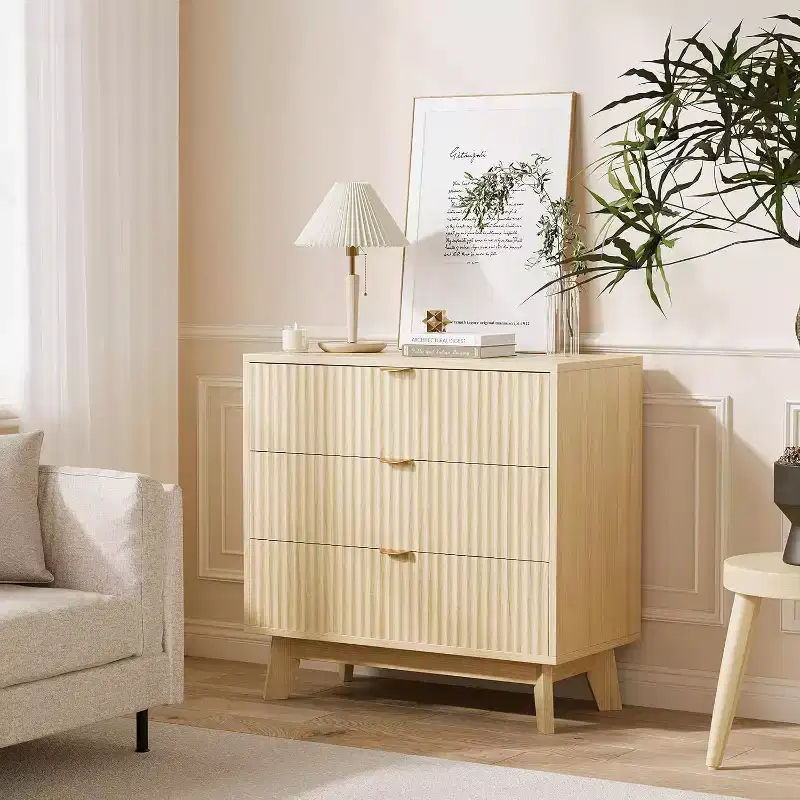 Fluted Chest of Drawers for Bedroom,Modern 3 Drawer Chest of Draws with Metal Handles,Wooden Storage Cabinet for Living Room & Hallway,80x40x79cm,Oak