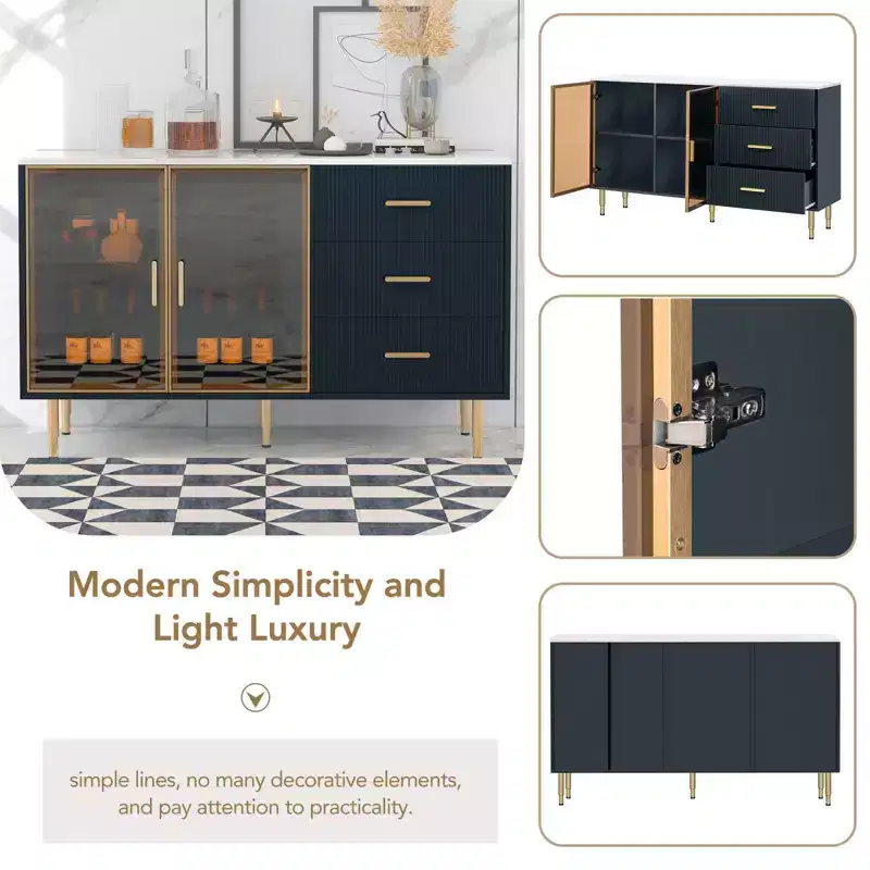 Modern Wood Buffet Sideboard Table with Marble Sticker Tabletop and Tempered Glass Doors with Gold Metal Legs & Handles (Navy Blue)