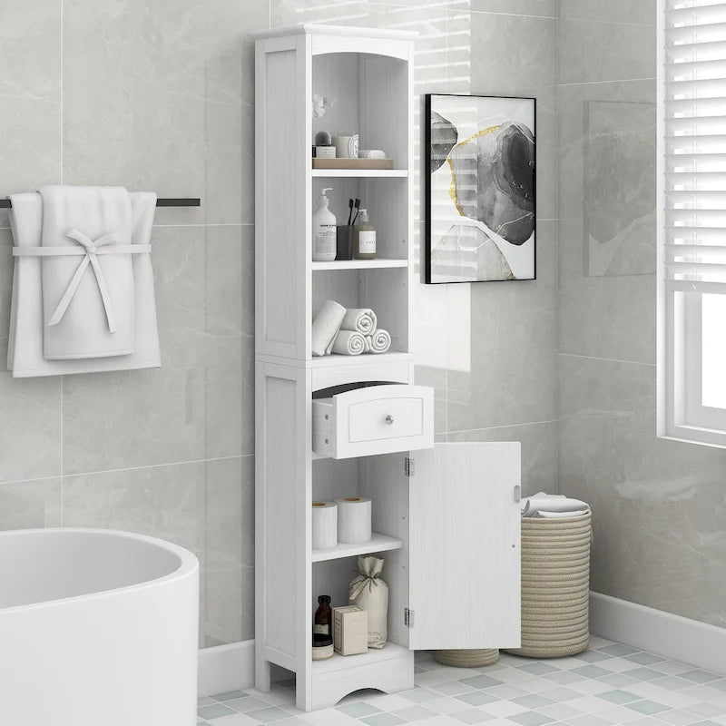 Modern White Bathroom Storage Cabinet with Adjustable Shelf,Drawer - 13.4L x 9.1W x 66.9H