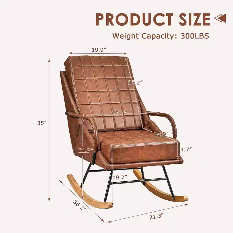 VECELO Upholstered Faux Leather/Teddy Fabric Rocking Chair Modern Lounge Rocker Recliner with Padded Seat, Safe Solid Wood Base White/Brown