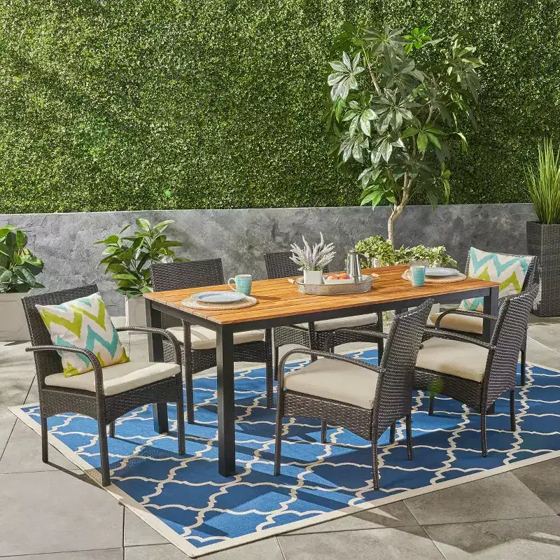 Christopher Knight Home Ballard Outdoor Wicker and Acacia Wood 7 Piece Dining Set with Cushion, Teak/Multibrown