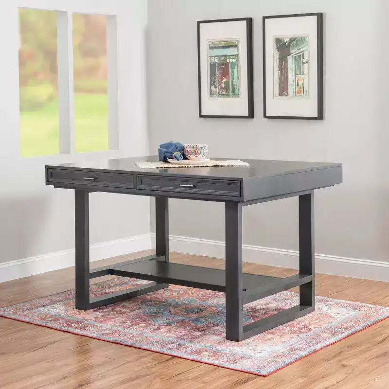 Powell Harlan Solid Wood 4 Lined Drawer Counter Table with Platform Shelf Distressed Charcoal